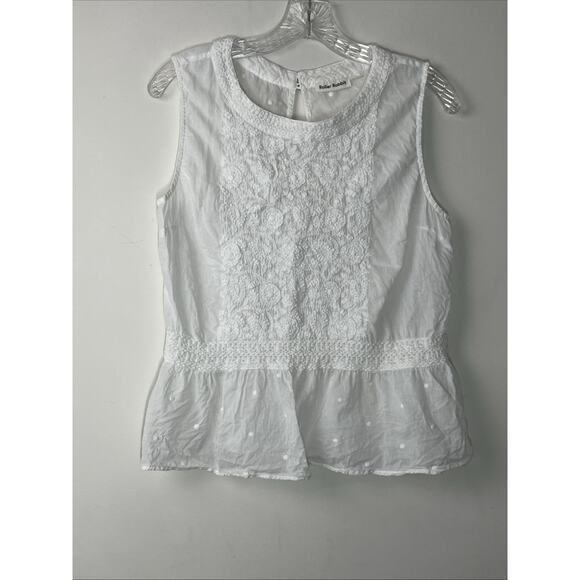Roller Rabbit Embroidered Top Womens Large White Gauzy Ruffle Coastal Slit Back - Picture 4 of 11